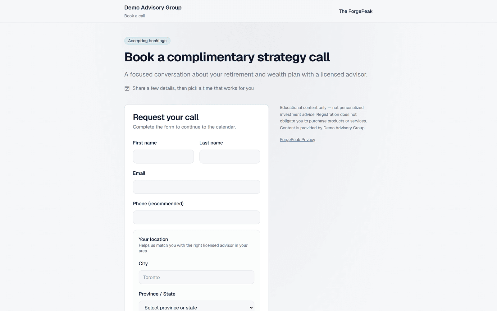 Public booking offer page that captures leads and routes to Calendly
