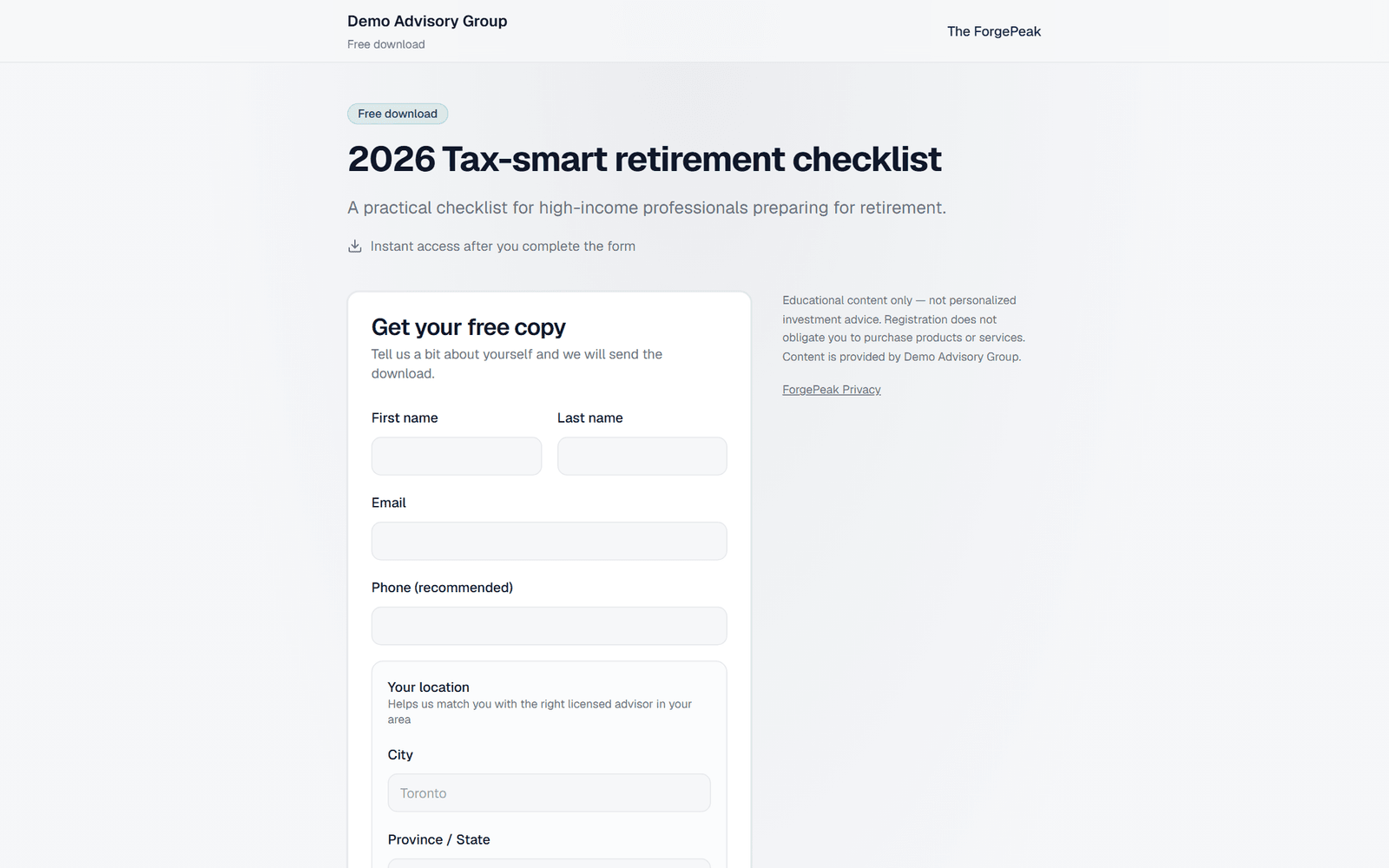 Public lead magnet landing page with gated download and consent