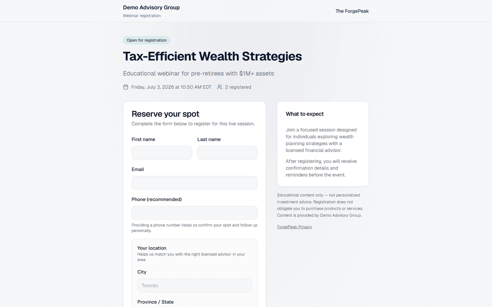 Public webinar registration page with consent and firm branding